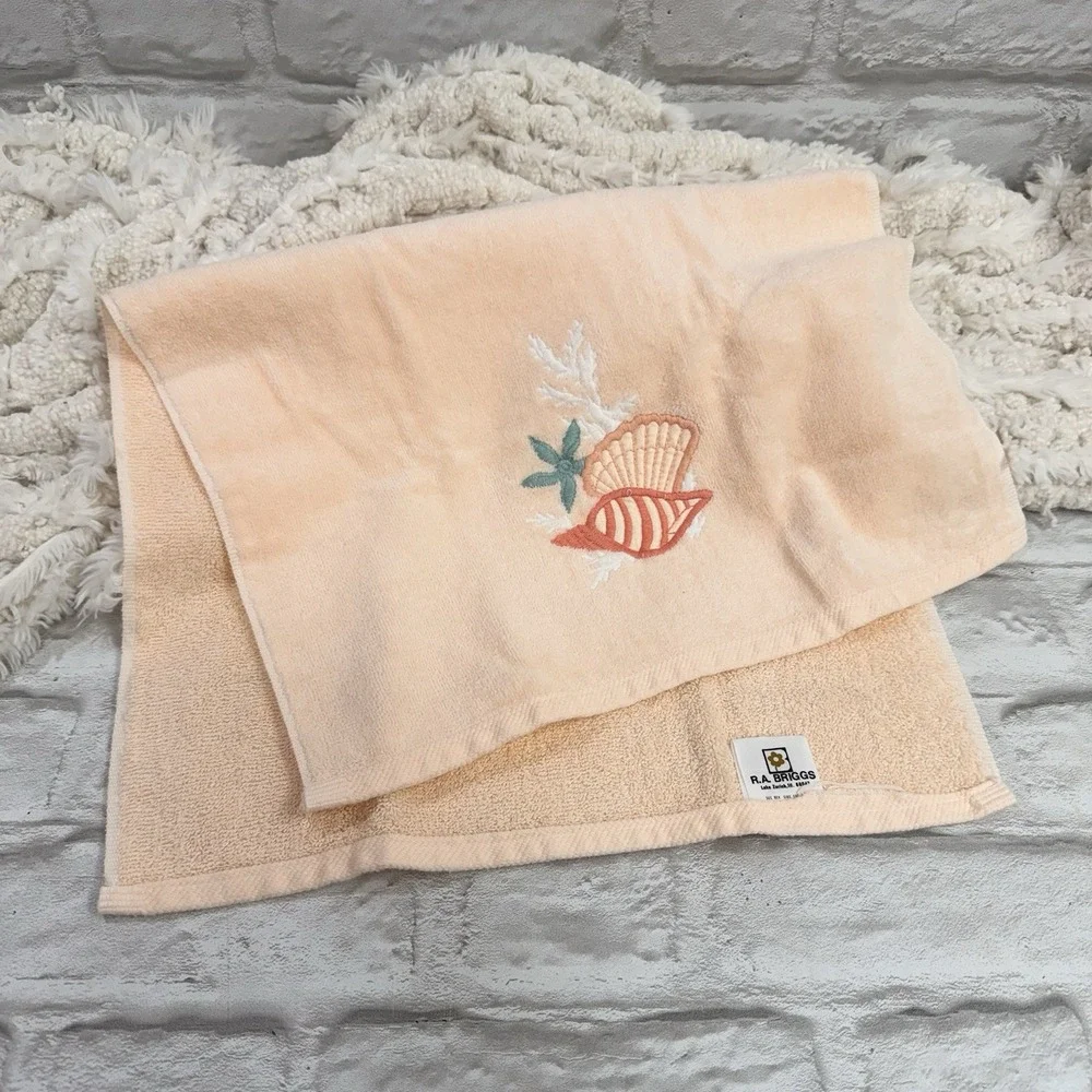 Vtg RA Briggs Seashell Embroidered Peach Bath Towel 4pc Set Beach House Seashore
